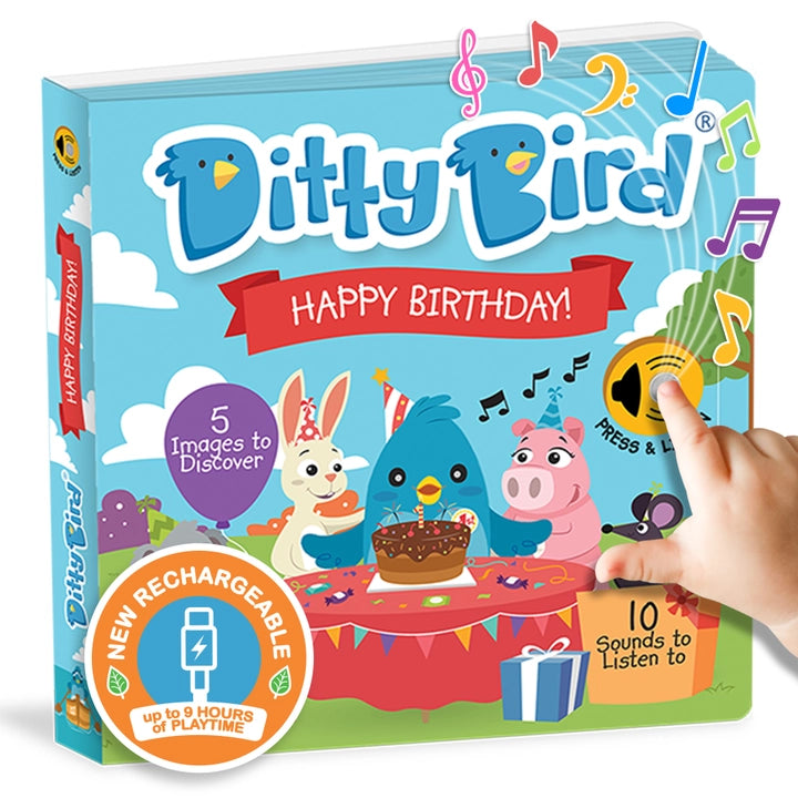 Ditty Bird Sound Book Happy Birthday USB-C Rechargeable; birthday party scene with birds as a hand presses a play button for 10 sounds.