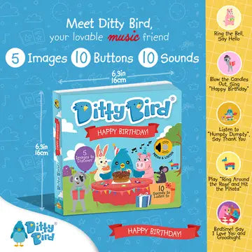 Ditty Bird Sound Book Happy Birthday USB-C Rechargeable on a colorful box, featuring 10 buttons for 10 sounds.