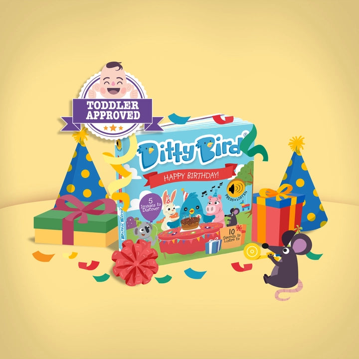 Ditty Bird Sound Book Happy Birthday USB-C Rechargeable, festive party scene with the book open and a mouse listening to sounds