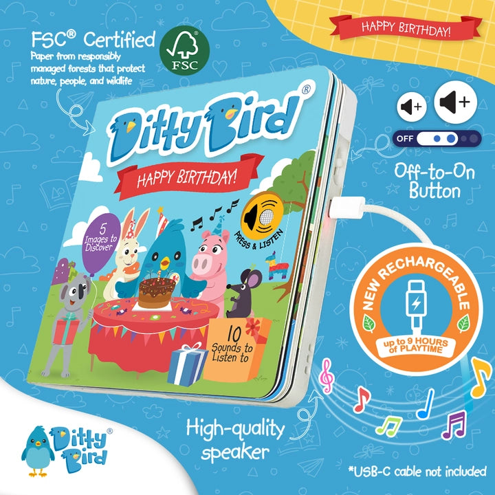 Ditty Bird Sound Book Happy Birthday USB-C Rechargeable, blue cover; child presses a button to listen via built-in speaker.