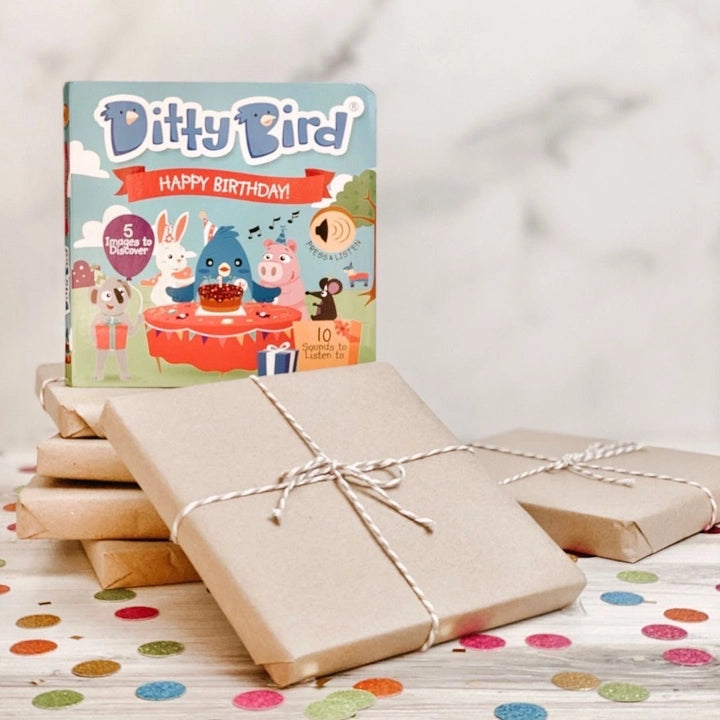 Ditty Bird Sound Book Happy Birthday USB-C rechargeable, colorful cover shown with gift-wrapped presents.