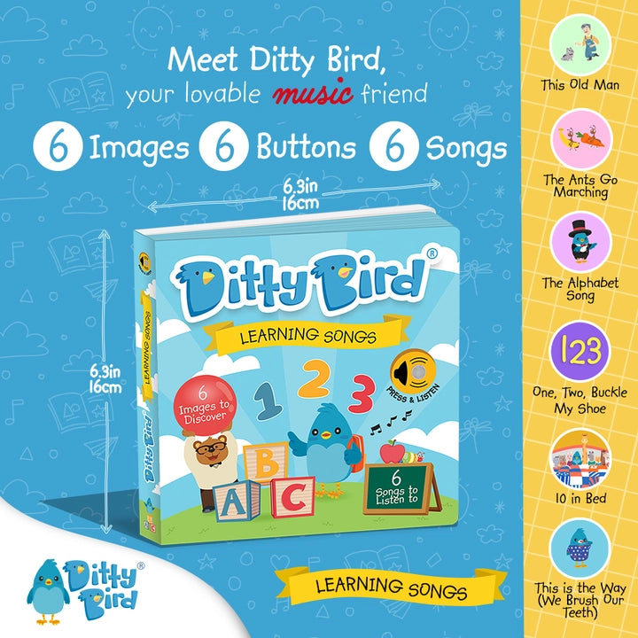 Ditty Bird Sound Book Learning Songs USB-C Rechargeable, blue educational toy; child taps six buttons to hear songs.