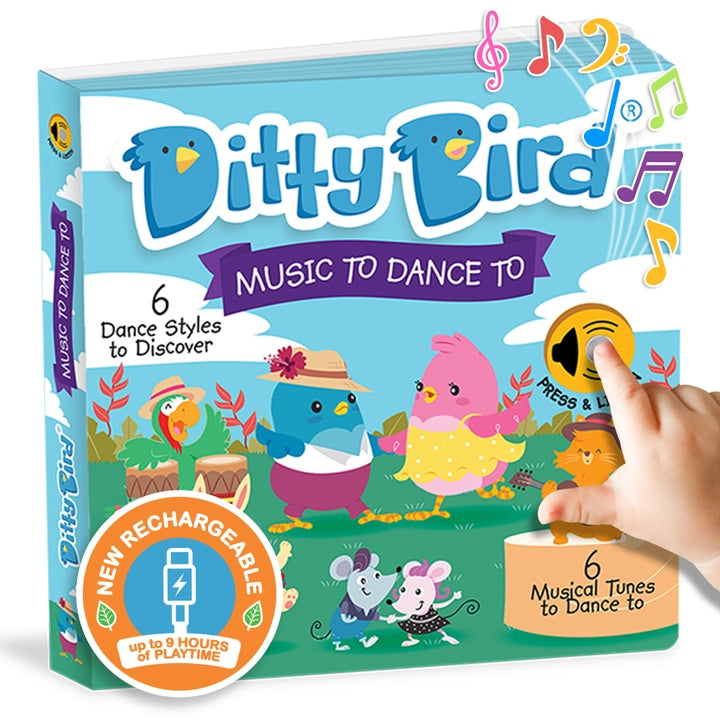 Ditty Bird Sound Book Music to Dance To USB-C Rechargeable; a hand presses the button to play music.