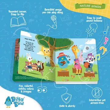 Ditty Bird Sound Book Nature Songs USB-C Rechargeable; a child presses colorful sound buttons on the open book.