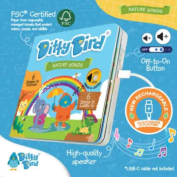 Ditty Bird Sound Book Nature Songs USB-C Rechargeable on a bright blue display as a child presses the off-on button.