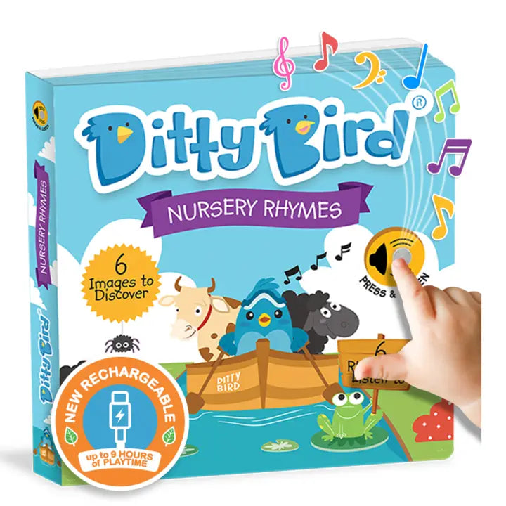 Ditty Bird Sound Book Nursery Rhymes USB-C Rechargeable; a child presses a button to start tunes.