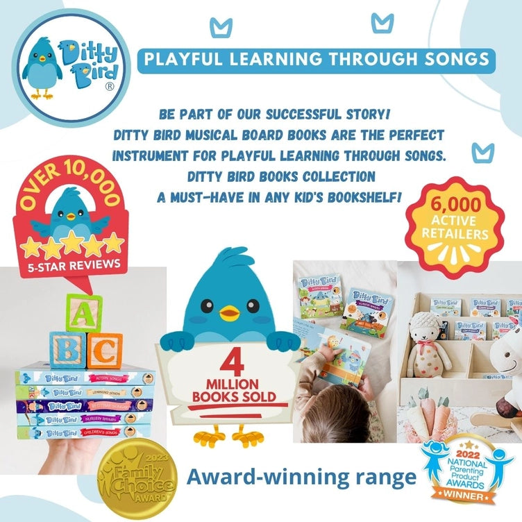 Ditty Bird Sound Book Nursery Rhymes USB-C Rechargeable, blue bird perched beside stacked books and blocks.
