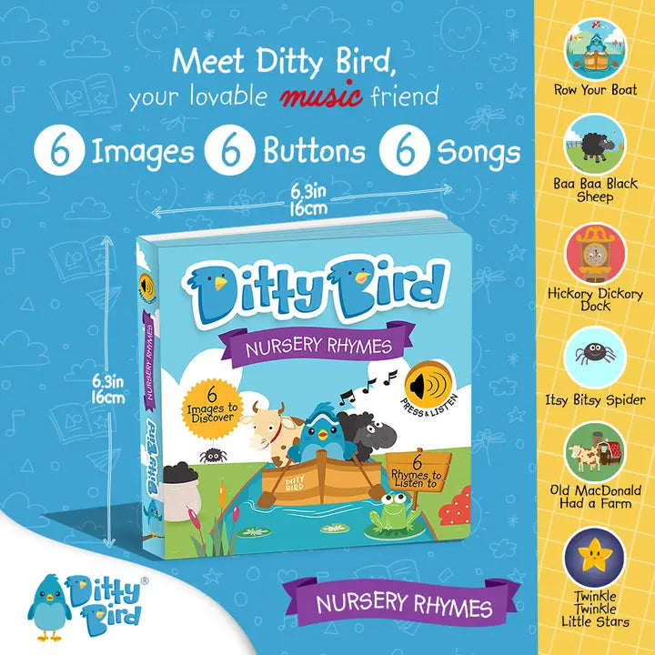 Ditty Bird Sound Book Nursery Rhymes USB-C rechargeable, bright blue educational toy where a child presses 6 buttons to hear rhymes.