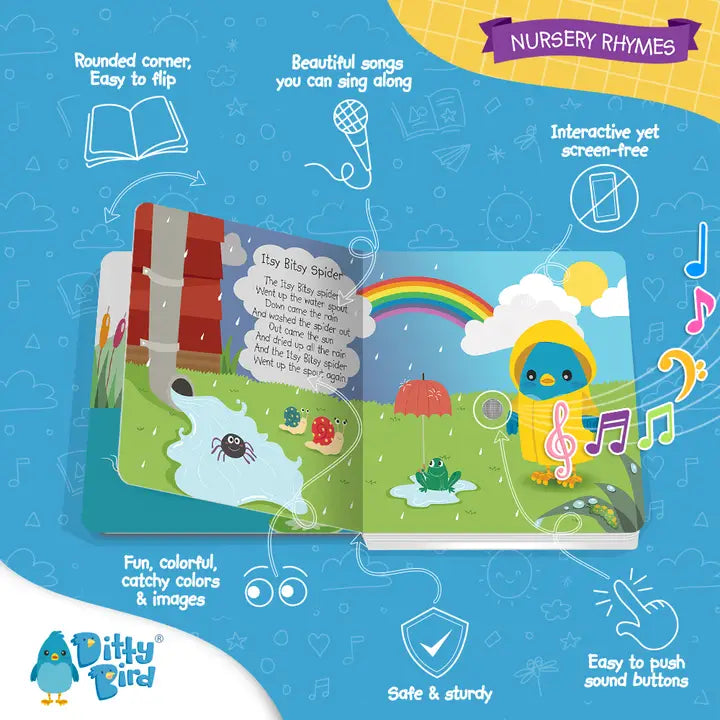 Ditty Bird Sound Book Nursery Rhymes USB-C Rechargeable—open pages show colorful creatures, rainbow, and music notes.