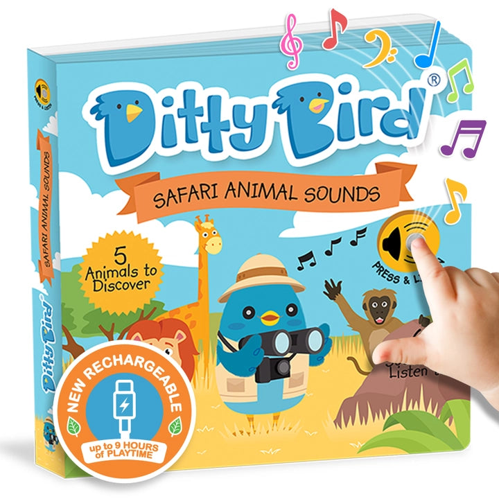 Ditty Bird Safari Animal Sounds USB-C Rechargeable; child presses a button to trigger sounds from 5 animals.