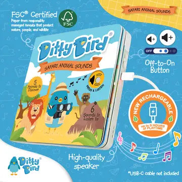 Ditty Bird Sound Book Safari Animal Sounds USB-C Rechargeable; kid uses the off-on button to hear animal sounds.