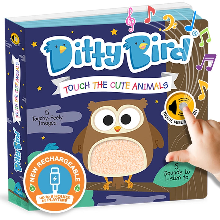 Ditty Bird Sound Book Touch The Cute Animals USB-C Rechargeable; blue box features an owl while a hand presses its belly to hear 5 sounds.