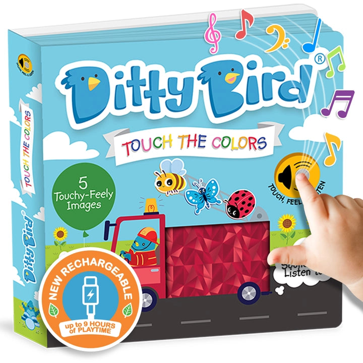 Ditty Bird Sound Book Touch the Colors USB-C Rechargeable; blue box with a hand touching the color‑coded surface to trigger sounds.