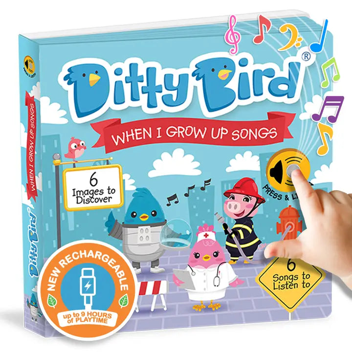 Ditty Bird Sound Book When I Grow Up Career Songs USB-C Rechargeable; hand presses the press-and-listen button.