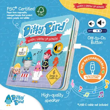 Ditty Bird Sound Book When I Grow Up Career Songs USB-C Rechargeable, blue educational toy with charger plugged in.