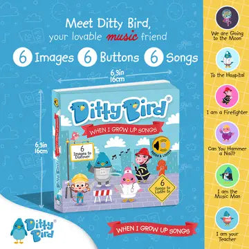 Ditty Bird Sound Book When I Grow Up Career Songs USB-C Rechargeable; blue box shows six buttons and six songs with friendly illustrated characters.