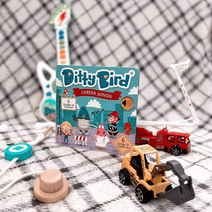 Ditty Bird Sound Book When I Grow Up Career Songs USB-C Rechargeable, colorful edu toys with a toy forklift and fire truck nearby.