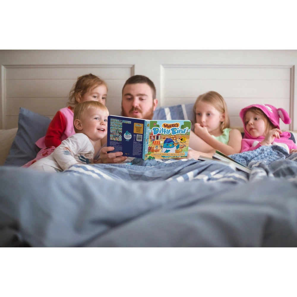 Ditty Bird Sound Book Where's Ditty Bird USB-C rechargeable; family reading together in bed.