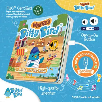 Ditty Bird Sound Book Where's Ditty Bird USB-C rechargeable, colorful book on blue background with charging cable.