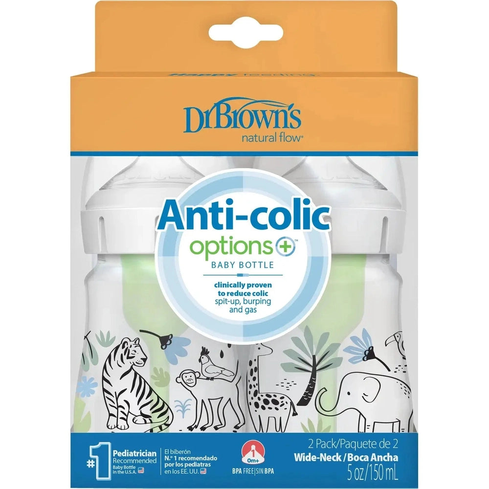 Dr. Brown's Wide-Neck Anti-Colic Options Baby Bottle 2-Pack, 5 oz/150 ml, clear packaging with animal graphics.
