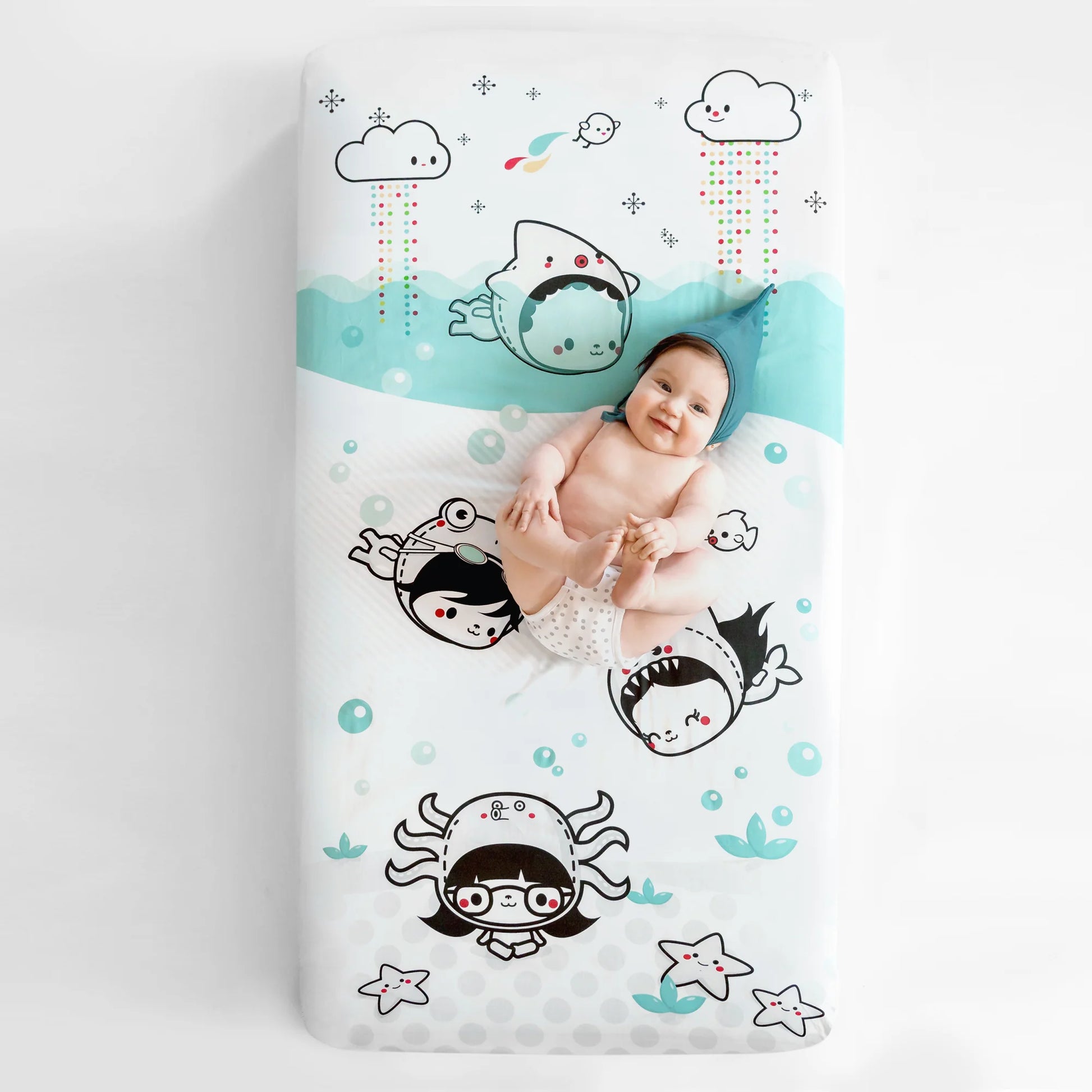 ROOKIE HUMANS ORGANIC COTTON SATEEN CRIB SHEET DIVE IN