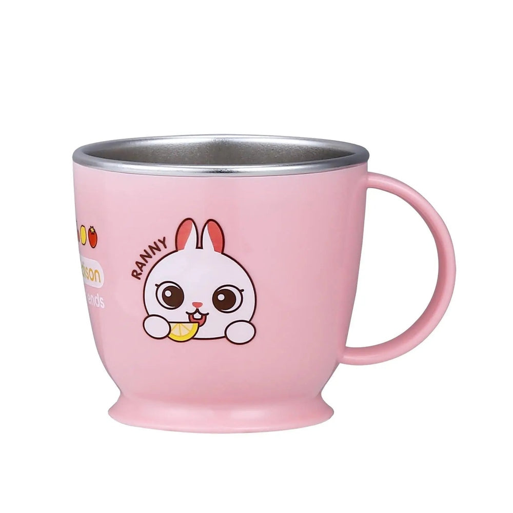 Edison Non Slip Stainless Single Handle Cup for toddlers, pink with bunny graphic and easy-grip handle.