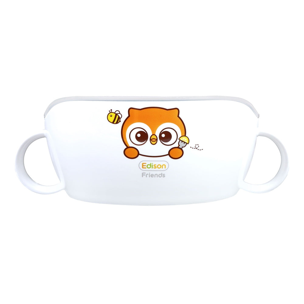Edison Self Big Bowl for toddlers — white microwave-safe bowl with orange owl graphic and Edison Friends logo