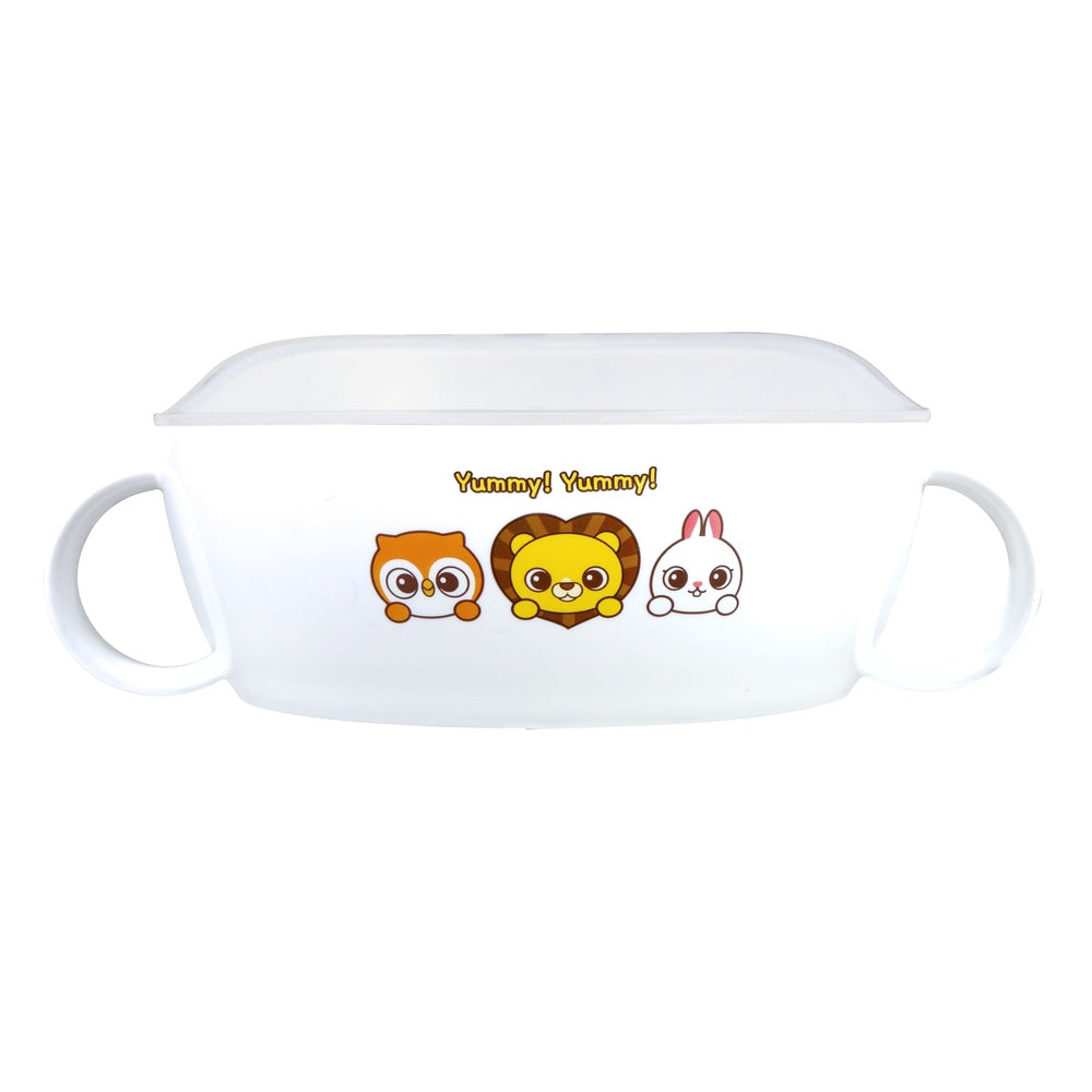 Edison Self Big Bowl with lid, microwave-safe white feeding bowl with owl, lion, and bunny print