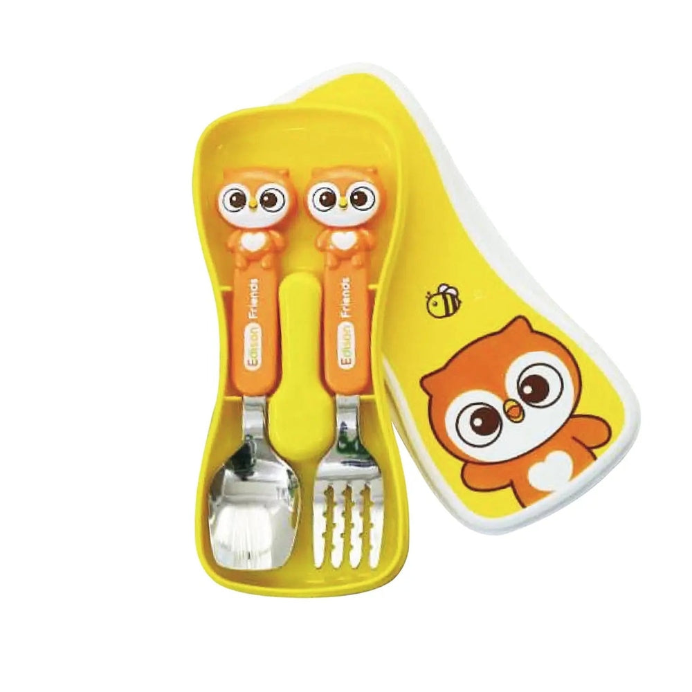 Edison Spoon&Fork Case Set For Kids in yellow case with orange owl-handled utensils neatly tucked inside