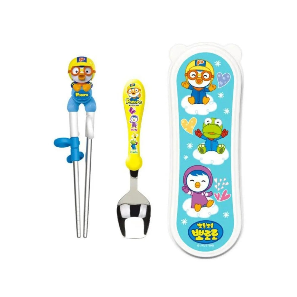 Edison Stainless Chopsticks Easy Hard Case Set; cartoon-grip training chopsticks, yellow-handled spoon, in bright blue case
