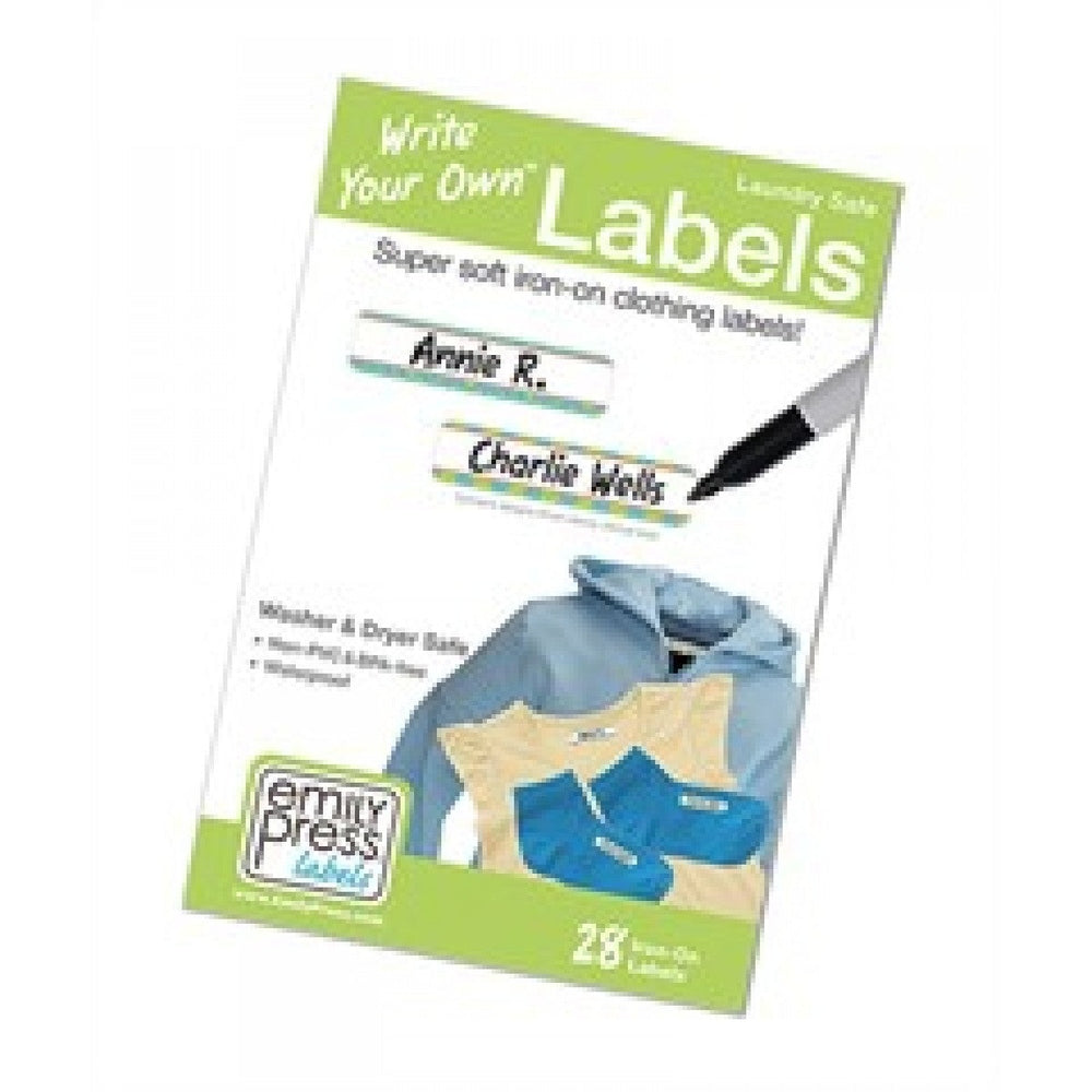 Emily Press Labels Iron On Dump Eklin Blue/Green, 28-count; blue/green iron-on clothing labels being heat-pressed onto fabric