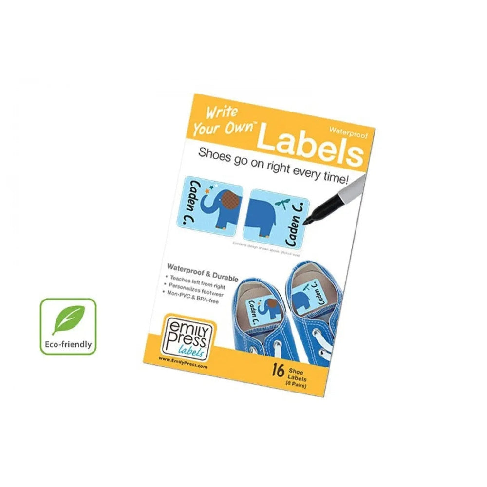 Emily Press Labels Wyo Shoe waterproof, durable shoe labels attached to blue sneakers, 16 pairs.