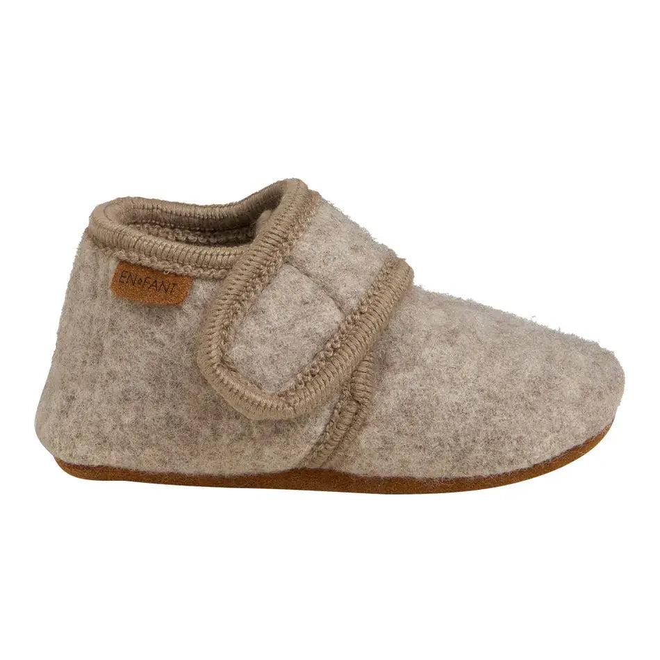 EN FANT baby wool slippers sand melange with strap, beige felt, brown sole