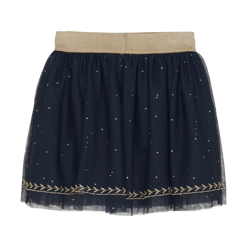 En Fant tulle skirt Parisian Night in navy with gold specks, metallic gold waistband, leaf-embellished hem
