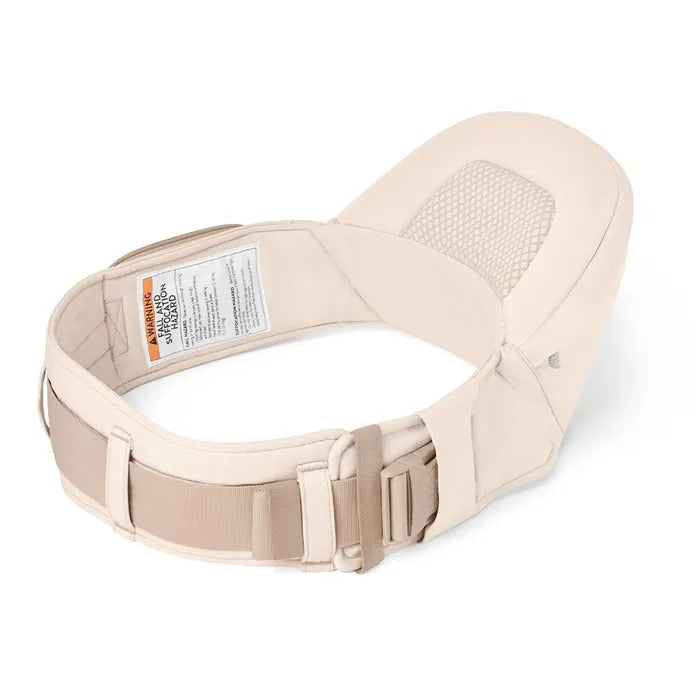 Ergobaby Lift Hip Seat Baby Carrier Natural Beige with padded waist belt fastened and mesh back panel.