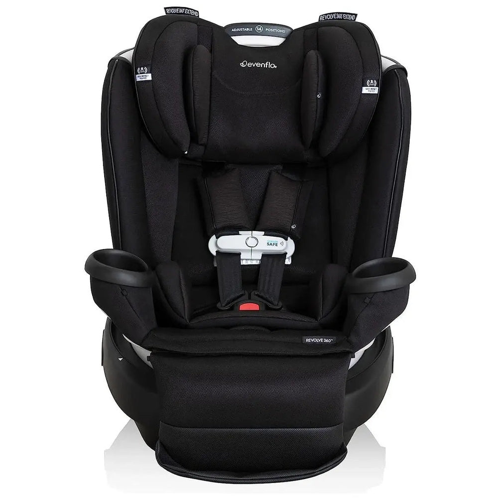 Evenflo Gold Revolve360 Extend All-In-One Rotational Car Seat with Sensorsafe in black fabric, shown with harness in place.