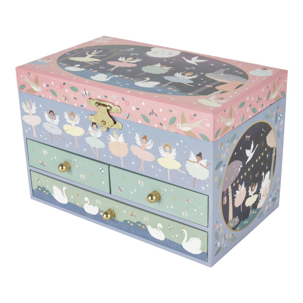 Floss and Rock Enchanted jewelry box with 3 pastel drawers in pink and blue, ballet swan motif and gold hardware