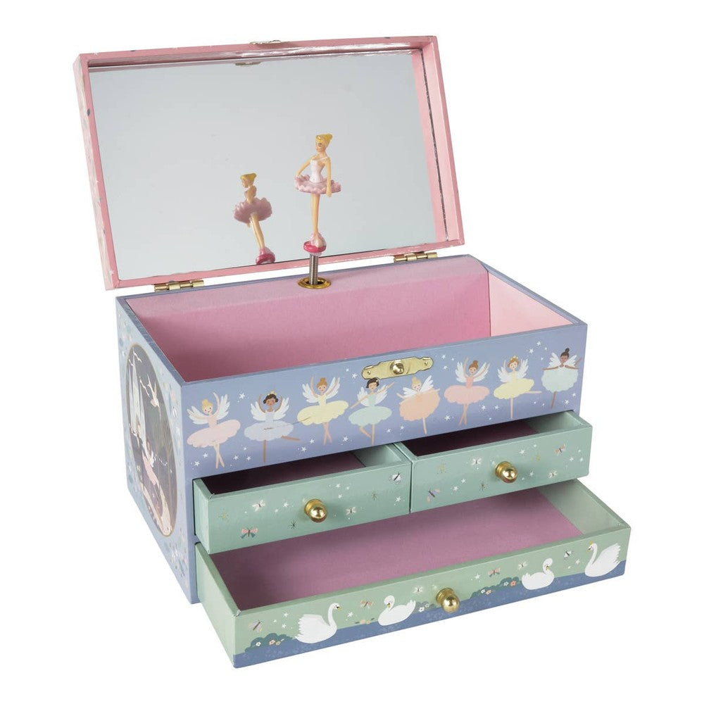Floss and Rock enchanted jewelry box with 3 pastel drawers, mirror lid, ballerina motif