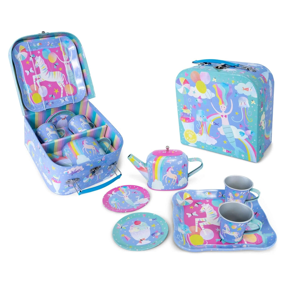 FLOSS AND ROCK 7pc Tea Set Fantasy: pastel unicorn tableware with cups, plates, kettle, and storage tin for kids’ pretend tea party.