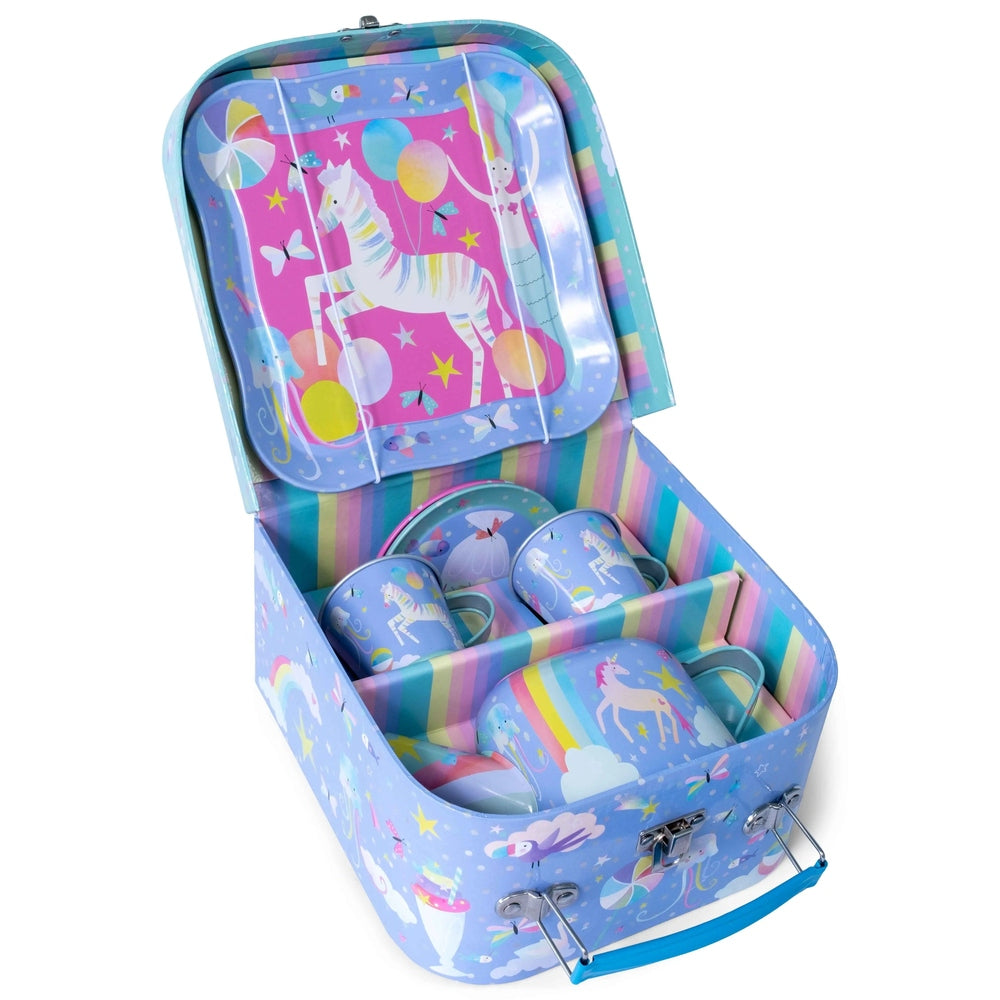 Floss And Rock 7pc Tea Set Fantasy in a rainbow-striped case, cups and plates arranged for imaginative pretend tea party.