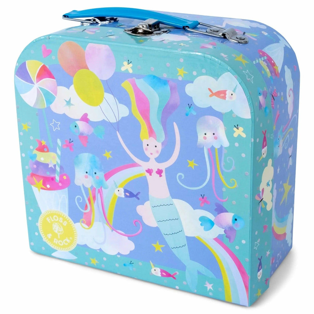 Floss and Rock 7pc Tea Set Fantasy storage tin in blue mermaid print, with a sturdy handle for pretend tea.