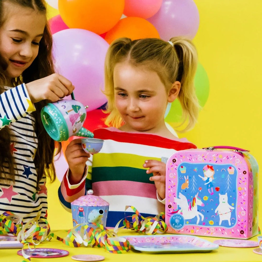 FLOSS AND ROCK 7pc Tin Tea Set Rainbow Fairy; kids pour tea and sip from colorfully decorated cups.
