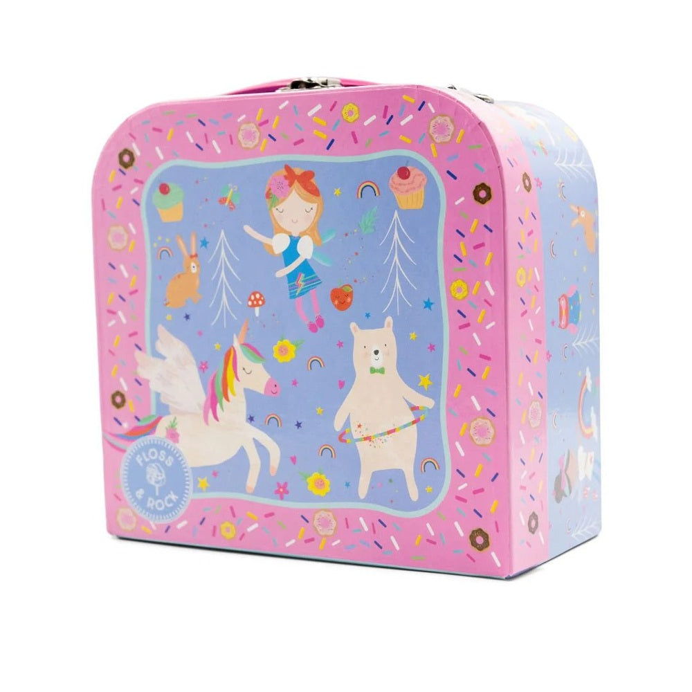 Floss and Rock 7pc Tin Tea Set Rainbow Fairy, pink tin with dancing girl, unicorn, and bear for imaginative play.
