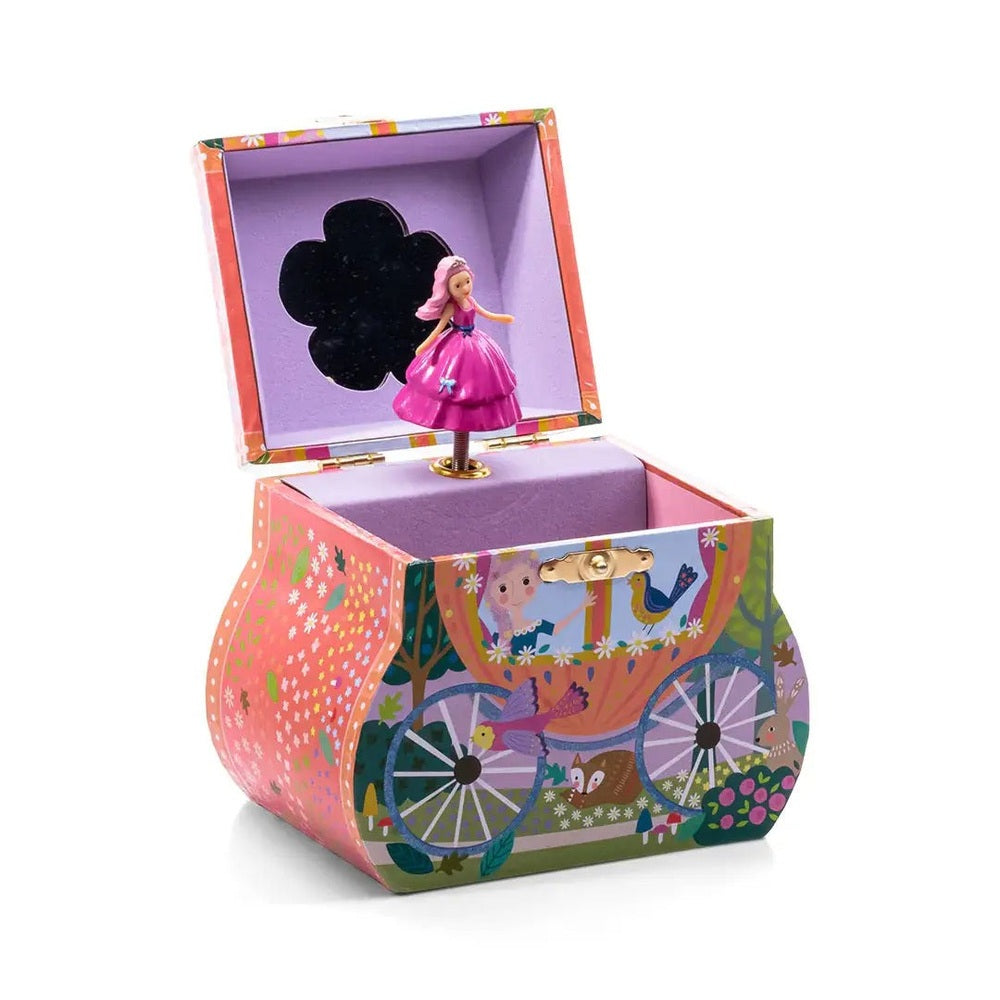 FLOSS AND ROCK Carriage Jewelry Box Fairy Tale; pink carriage opens to reveal purple interior and a tiny princess figure.