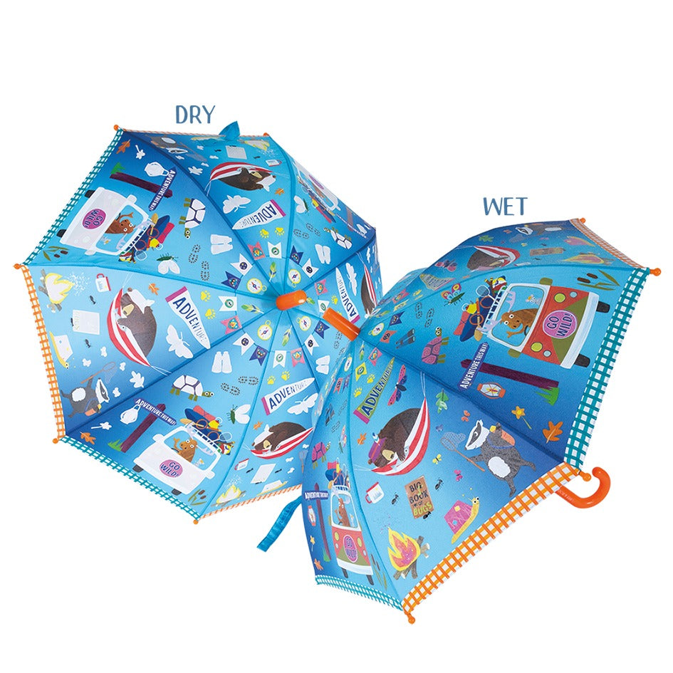 FLOSS AND ROCK Color Change Umbrellas Adventure for kids; pair of blue rain umbrellas open, showing dry and wet panels with adventure prints.