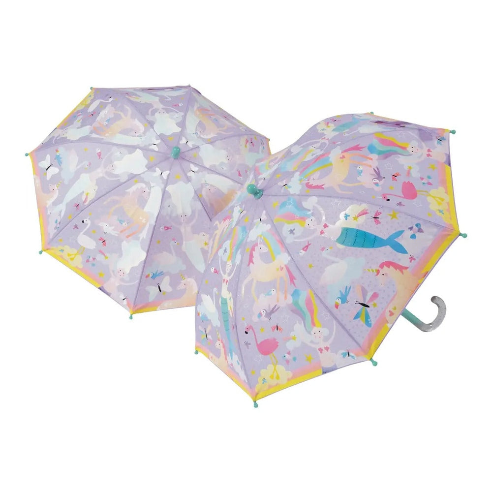 Floss And Rock Color Change Umbrellas Fantasy, a pair of lavender unicorn rain umbrellas with curved handles and pastel prints.