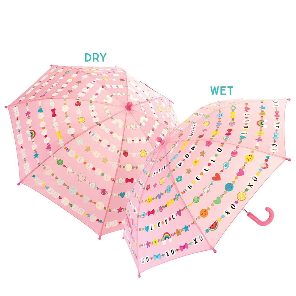 Floss And Rock Color Change Umbrellas Friendship, two pink umbrellas shown in dry and wet states with bead motifs.
