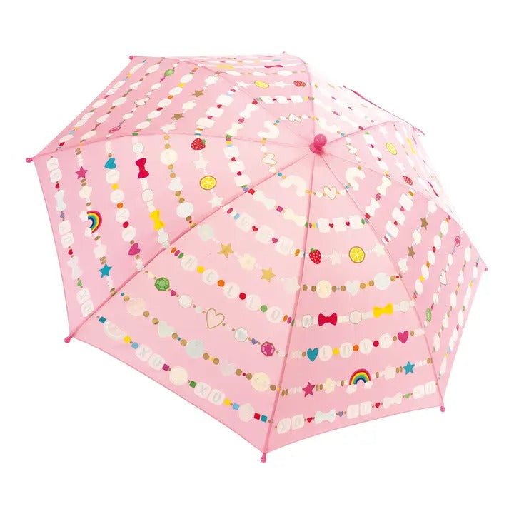 Floss And Rock Color Change Umbrellas Friendship pink umbrella opened, showing colorful bead garland patterns.
