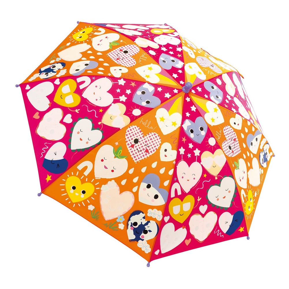 Floss And Rock Color Change Umbrellas Hearts umbrella opened in bright pink/orange heart pattern, FLOSS AND ROCK.