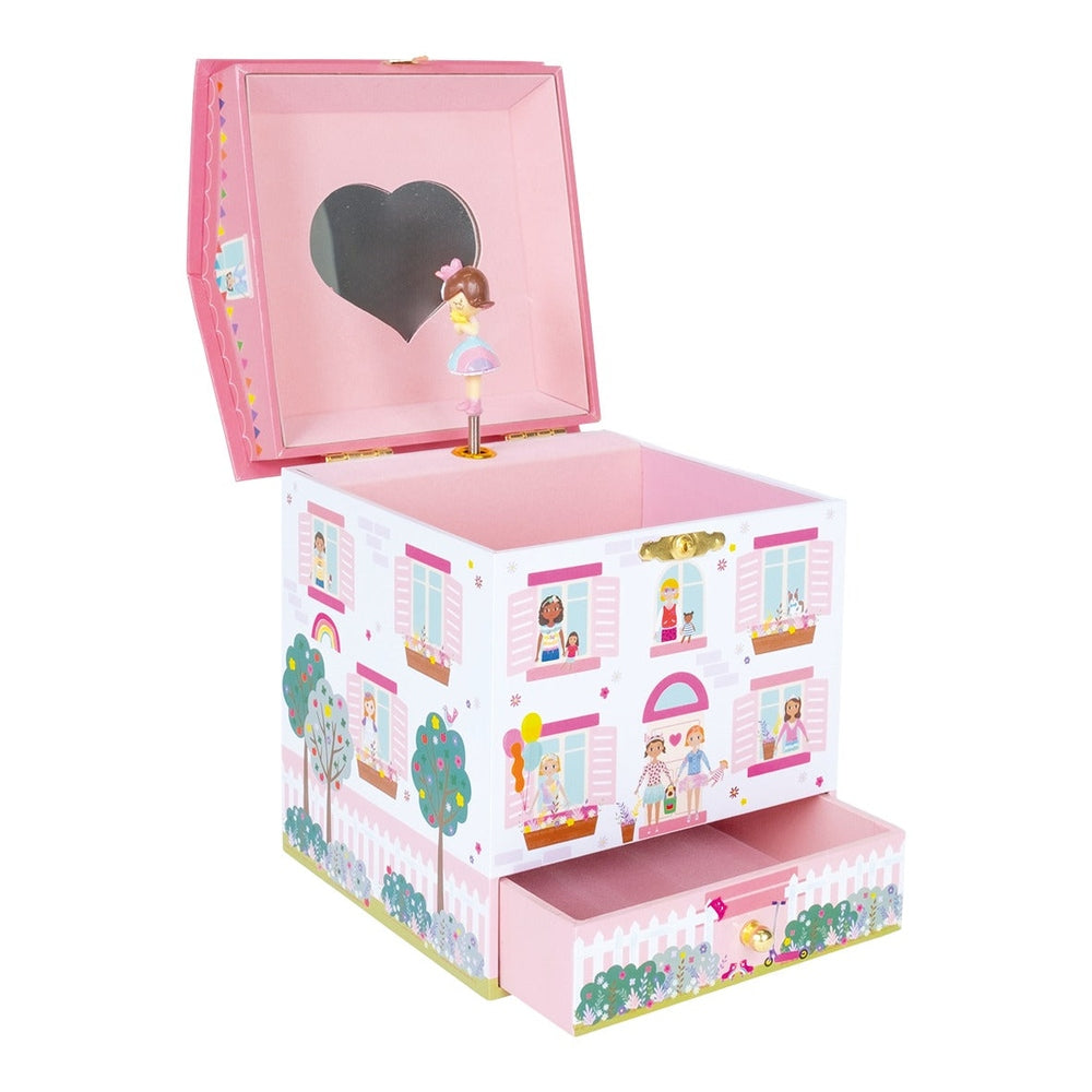 Floss And Rock Dolls House Jewelry Box, pink dollhouse with heart mirror, open lid shows a tiny ballerina figurine.
